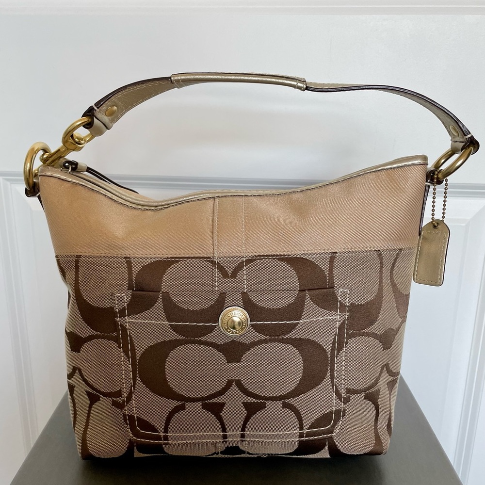 Tan and Gold Leather Coach Shoulder Bag